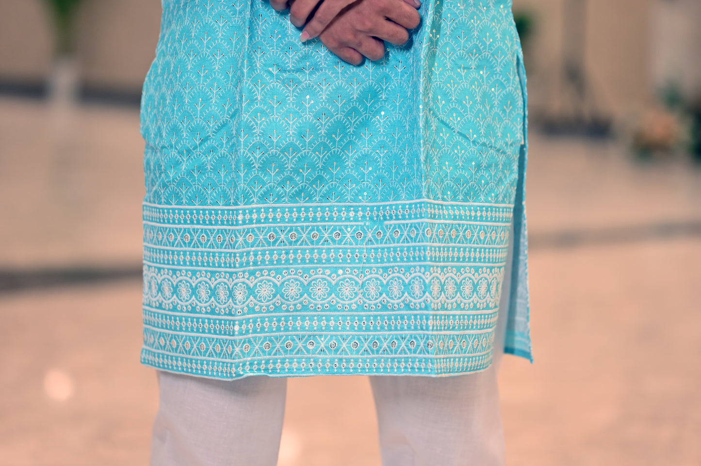 Elegant Sky Blue Ombre Embroidered Kurta for Men – Festive & Traditional Wear