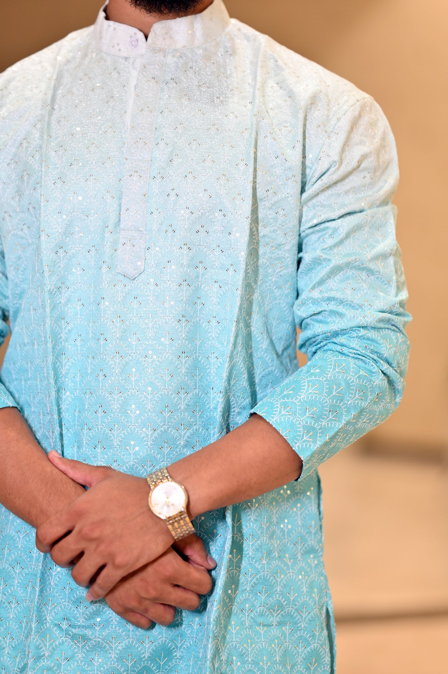 Elegant Sky Blue Ombre Embroidered Kurta for Men – Festive & Traditional Wear