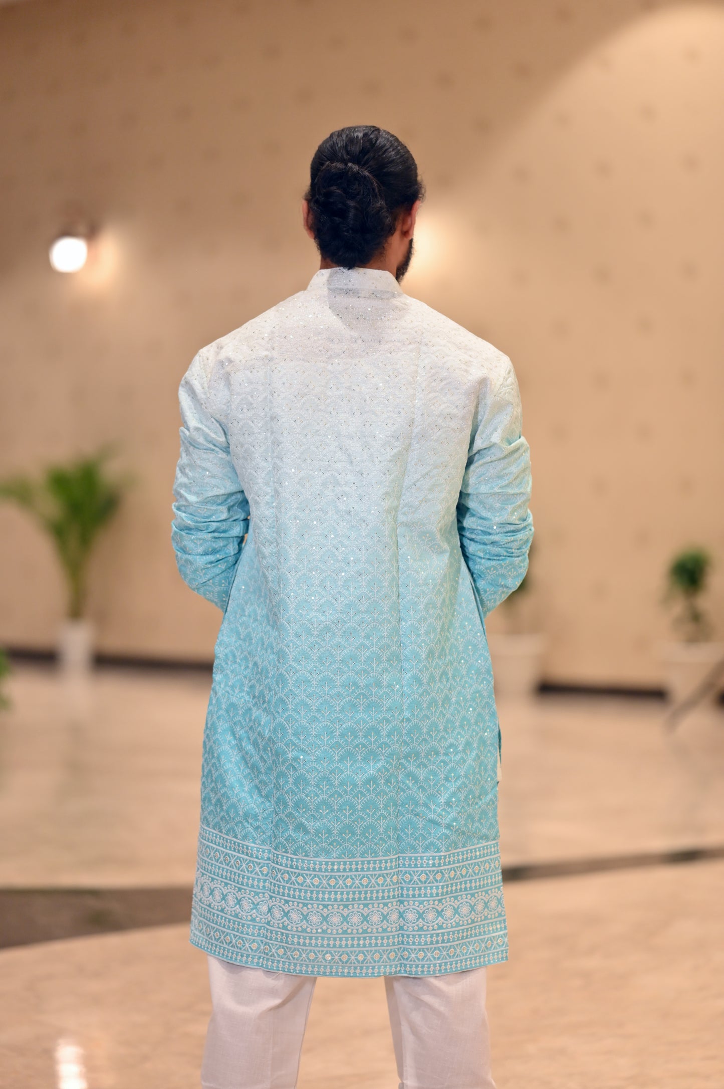 Elegant Sky Blue Ombre Embroidered Kurta for Men – Festive & Traditional Wear