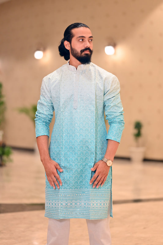 Elegant Sky Blue Ombre Embroidered Kurta for Men – Festive & Traditional Wear