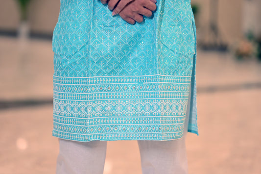 Elegant Sky Blue Ombre Embroidered Kurta for Men – Festive & Traditional Wear