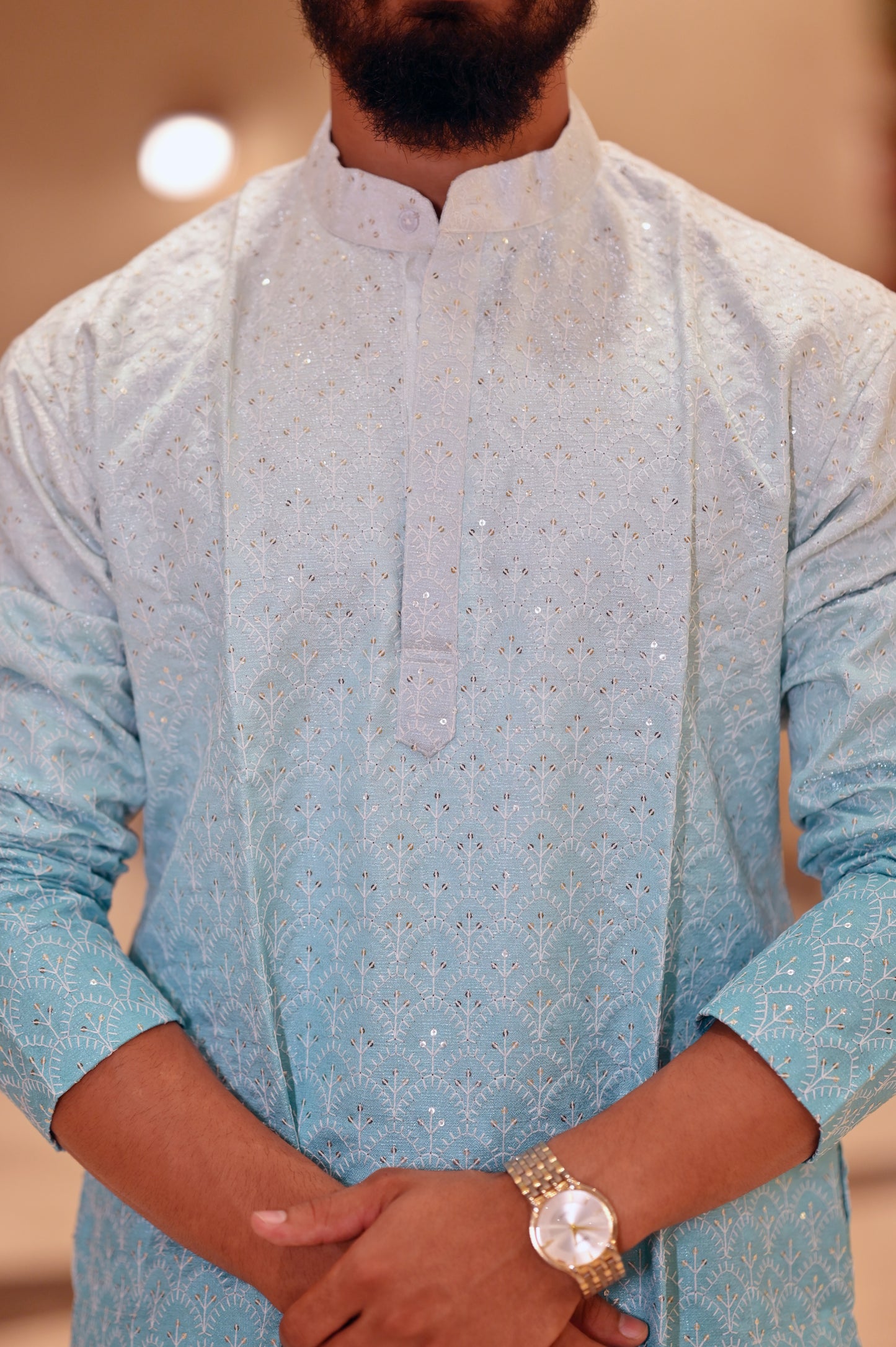 Elegant Sky Blue Ombre Embroidered Kurta for Men – Festive & Traditional Wear