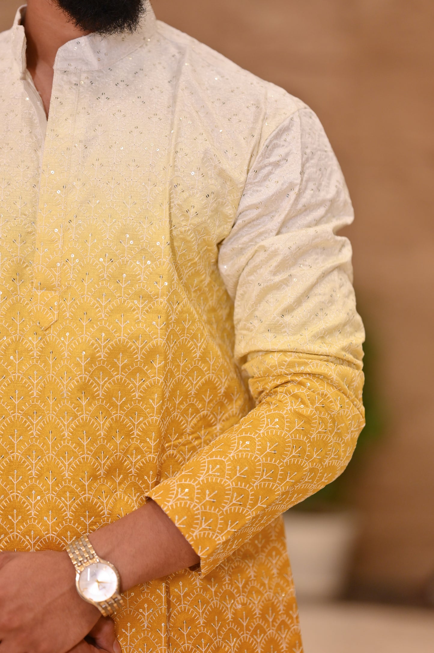 Elegant Yellow Ombre Embroidered Kurta for Men – Festive & Traditional Wear