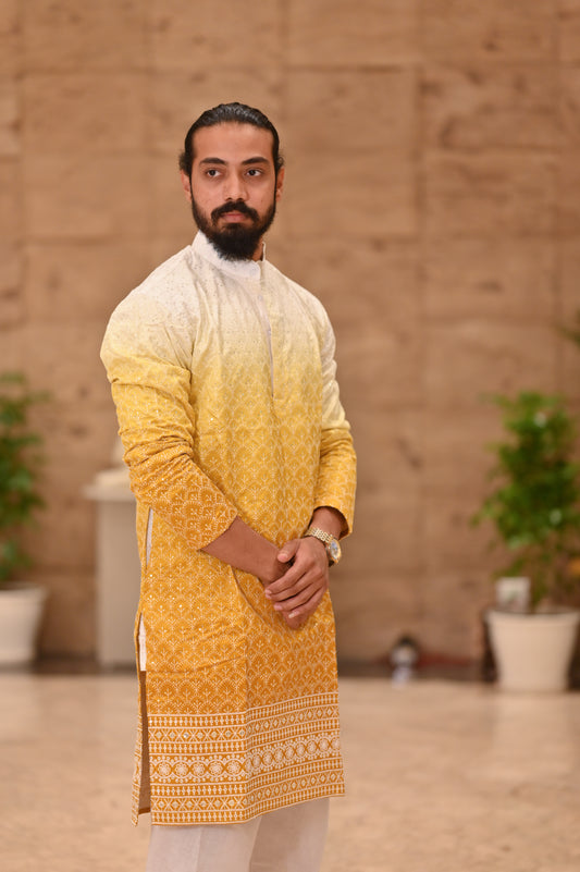 Elegant Yellow Ombre Embroidered Kurta for Men – Festive & Traditional Wear