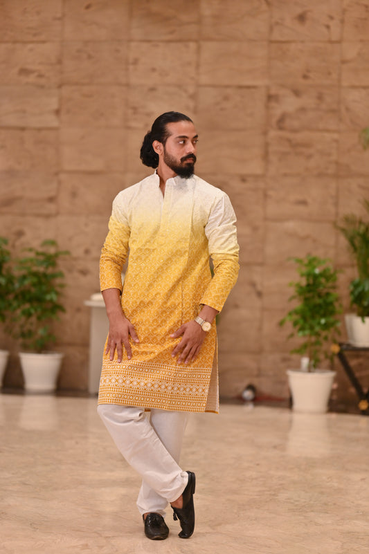 Elegant Yellow Ombre Embroidered Kurta for Men – Festive & Traditional Wear
