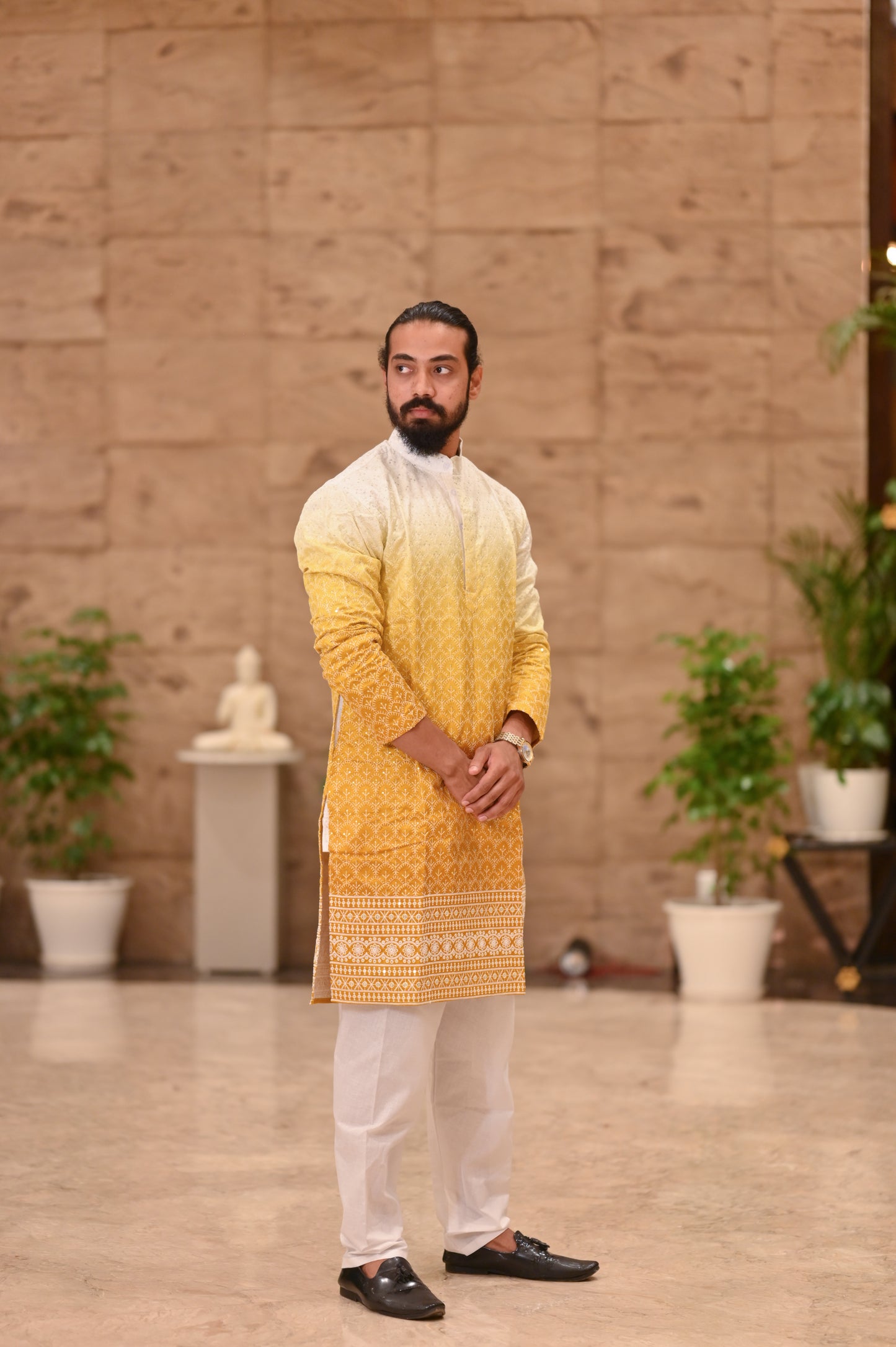 Elegant Yellow Ombre Embroidered Kurta for Men – Festive & Traditional Wear
